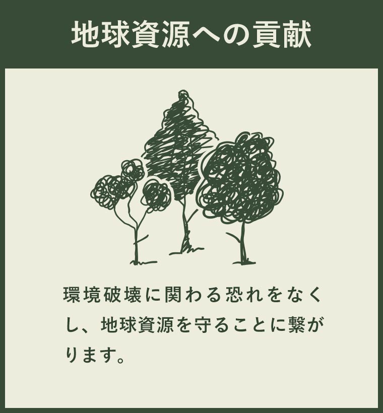 地球資源への貢献 環境破壊に関わる恐れをなくし、地球資源を守ることに繋がります。