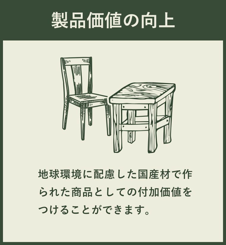 製品価値の向上 地球環境に配慮した国産材で作られた商品としての付加価値をつけることができます。